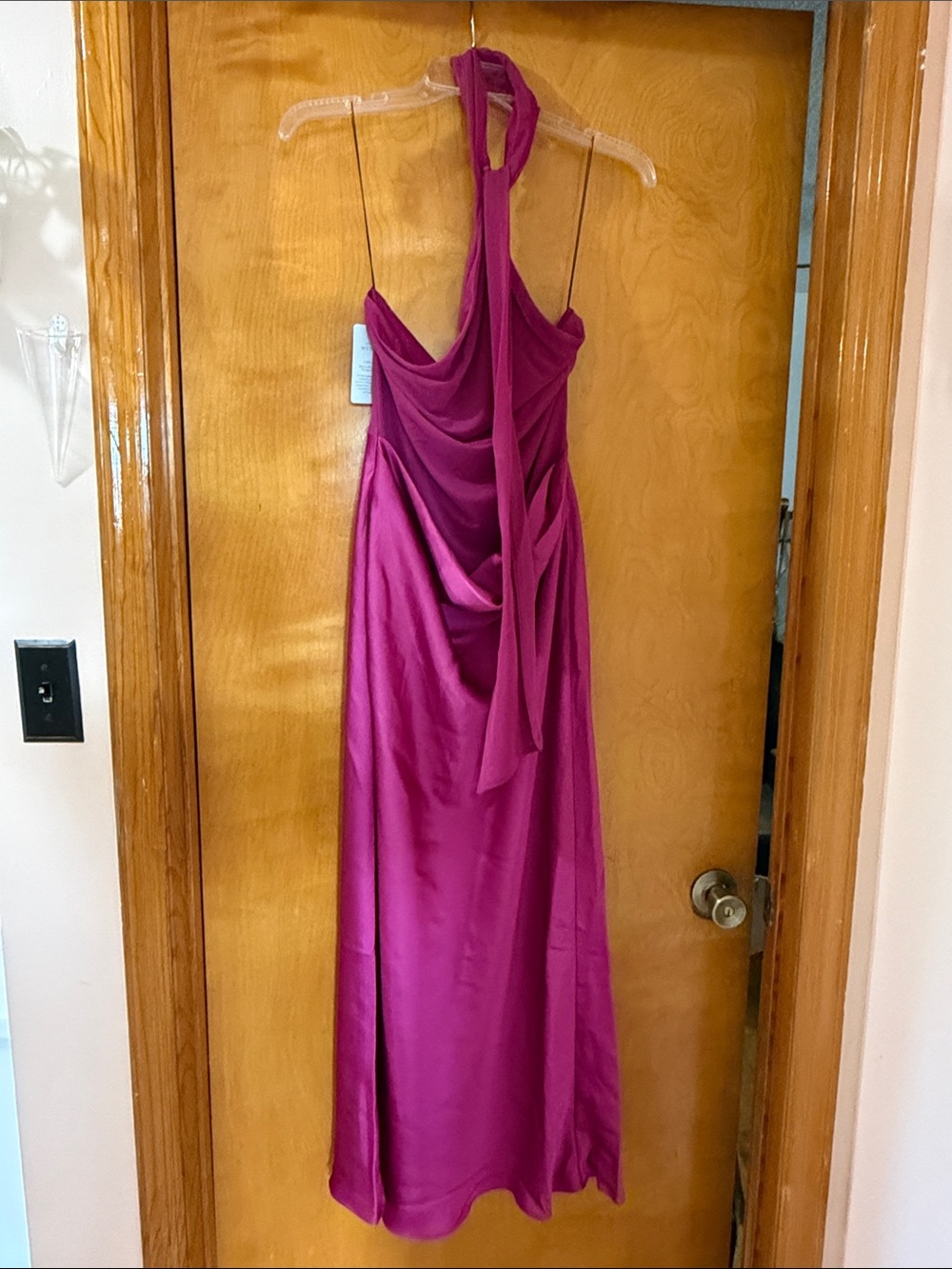 Fuchsia Halter Satin Prom Dress with Draped Bodice